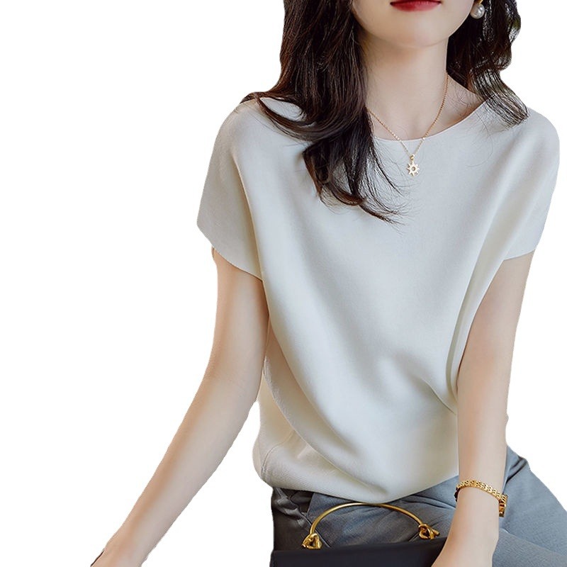 Women's 2024 solid color knitted T-shirt short sleeve Ice Silk batwing shirt summer new British style thin pullover top