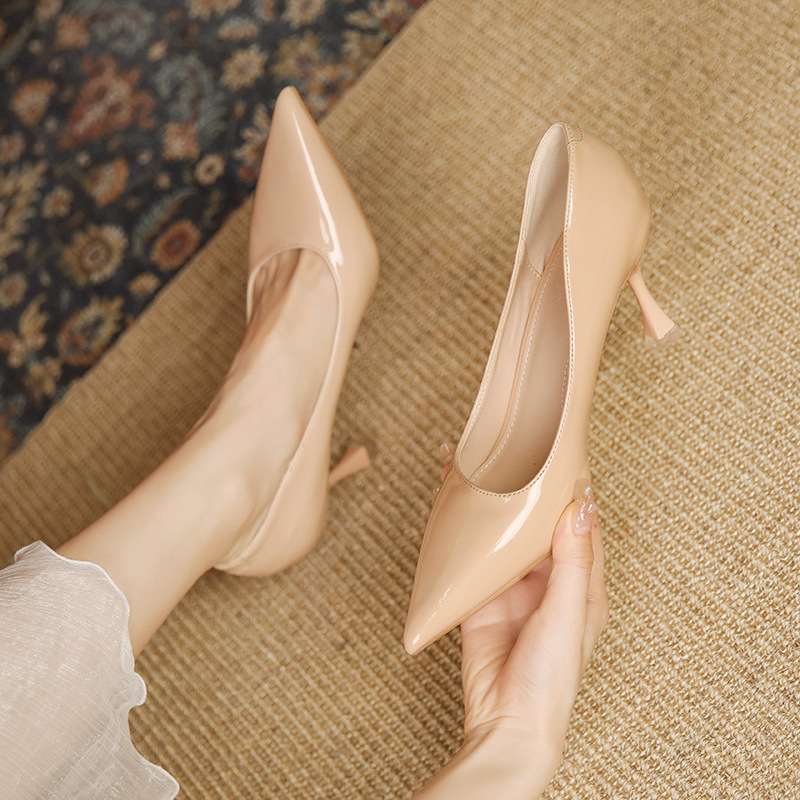 Nude Color Patent Leather High Heels Stiletto Heel All-match Simple Fashion Pointed Shallow Mouth Single-layer Shoes 2022 Autumn New Single-layer Shoes for Women