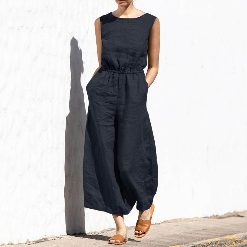 2023 cross-border Europe and the United States summer solid color high waist sleeveless pants women's fashion casual loose temperament jumpsuit
