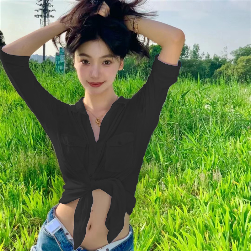 Independent station 2022 summer new women's clothing preppy style sweet lapel single-breasted cardigan slim Korean style shirt for women