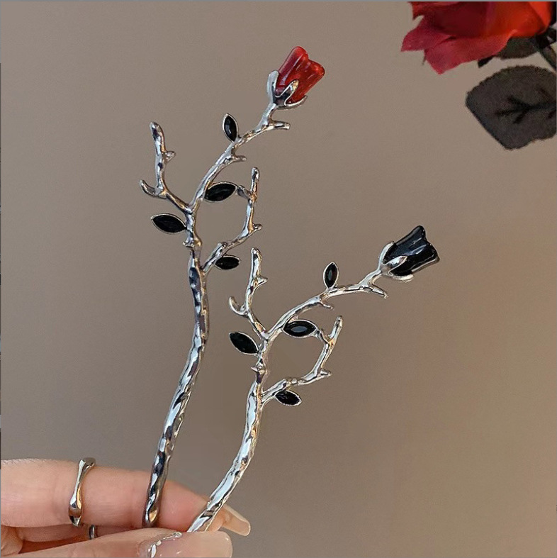 Rose hairpin silver metal women's high-grade new Chinese style updo hairpin personality unique design sense hairpin