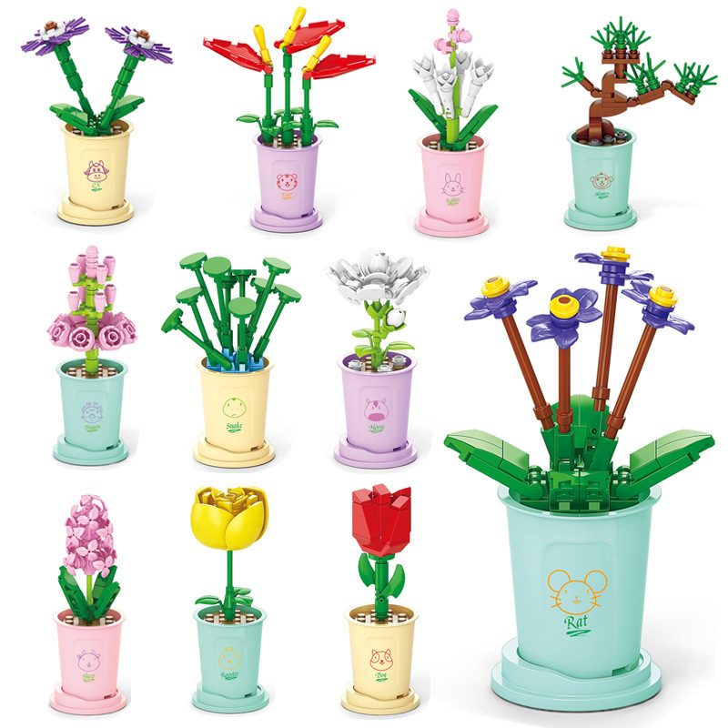 Small particle building blocks bouquet potted succulent plants compatible with Lego desktop decoration model puzzle assembled toys