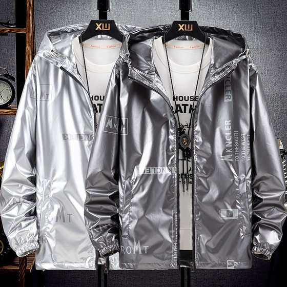 Spring and Autumn glossy jacket plus size trendy brand handsome silver men's jacket waterproof casual hooded sports Korean style top