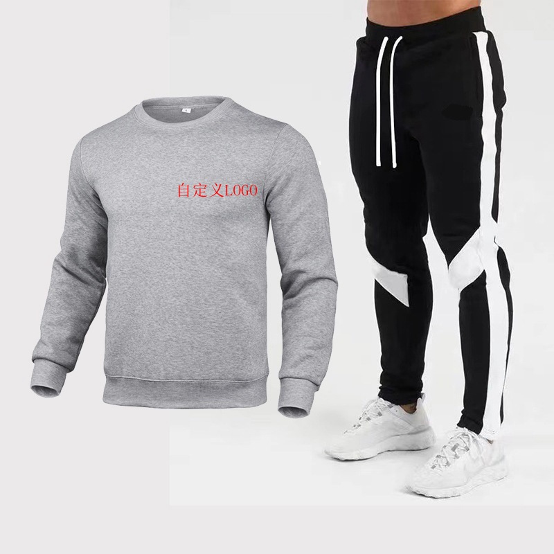 New European and American cross-border autumn and winter foreign trade Men's Round neck warm solid color sweater + trousers sportswear suit