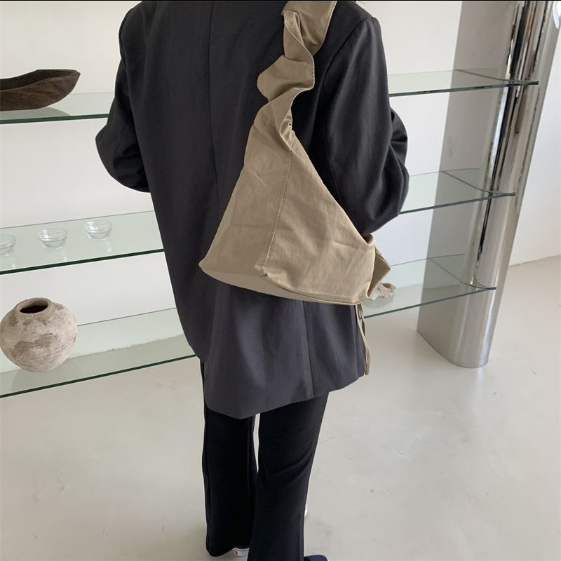Canvas Bag Women's Korean-style Single-shoulder Pleated Drawstring Canvas Bag Small Fresh Artistic Solid Color Portable Crossbody Casual Women's Bag_voghion.com