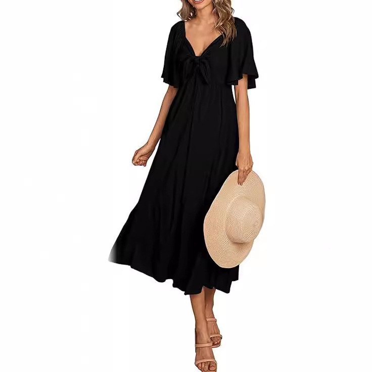 Amazon new 2024 summer women's short sleeve bow V-neck pleated long elegant dress