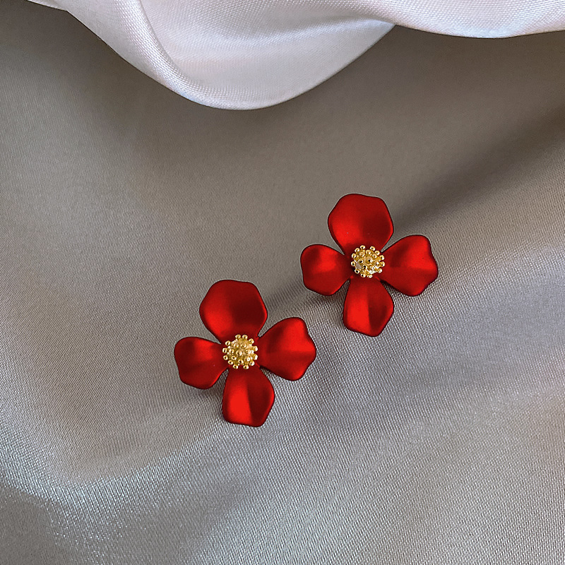 紅色花瓣小紅花耳釘2021夏季新款小清新花朵耳環