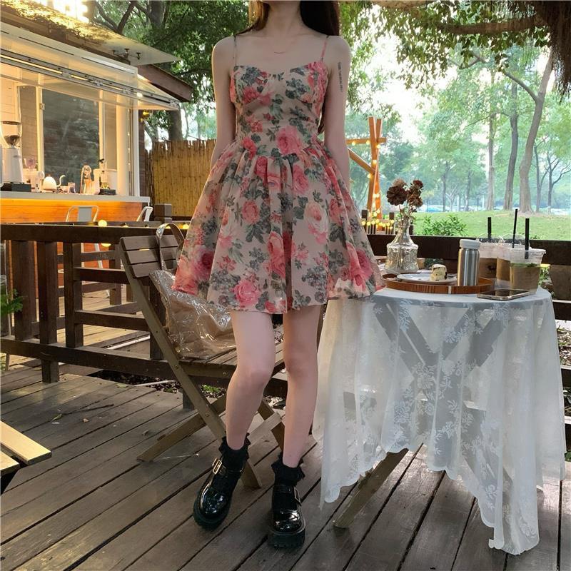High Waist Elegant Slimming Floral Sling Dress Fairy Spring and Summer French Style New A- line Short Skirt for Small Men