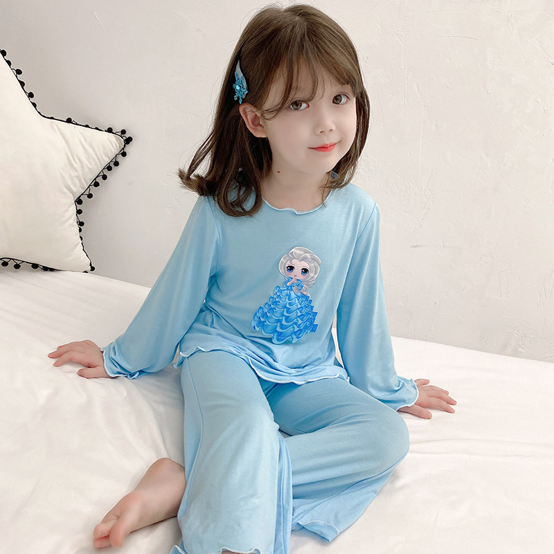 新秋季款女童睡衣女童孩冰雪奇緣愛莎公主中大童兒童家居服絲光棉