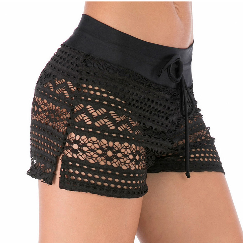 Amazon lace swimming trunks women's European and American solid color sexy boxer hollow with Four Corners lined