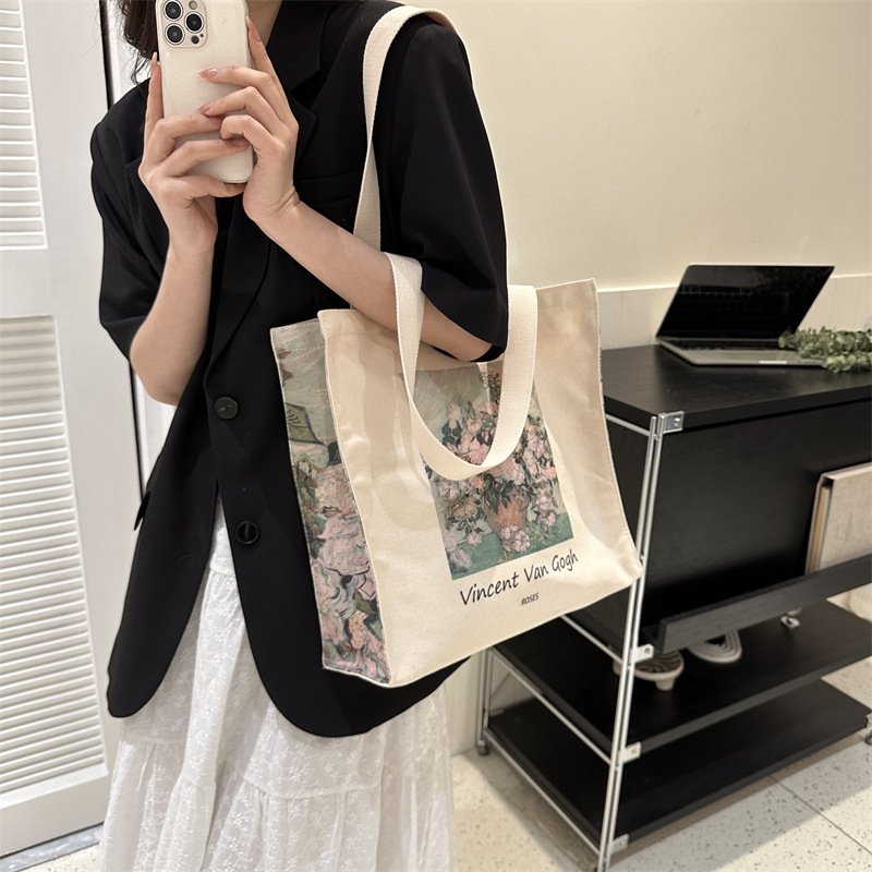 Simple Oil Painting Shoulder Canvas Bag College Style Fashion Illustration Shopping Bag Large Capacity Schoolbag Handbag for Schoolgirls