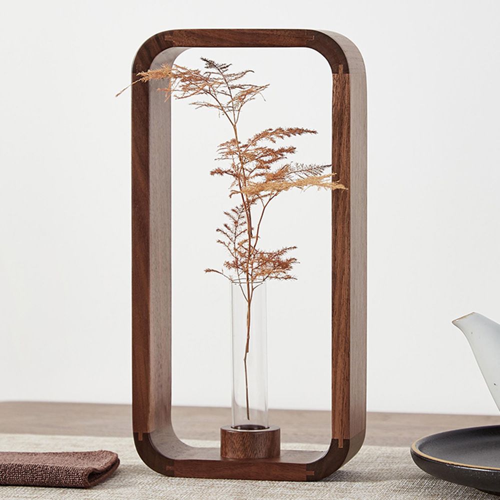 Solid Wood Test Tube Vase Living Room Transparent Glass Desktop Ornaments Black Walnut Wood Rich Bamboo Green Rose Hydroponic Flower Set