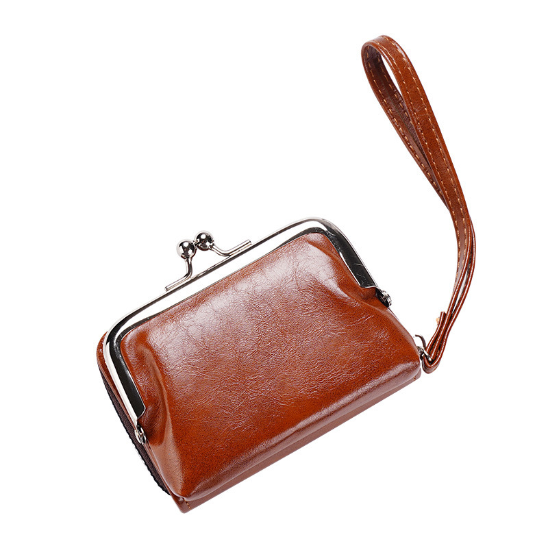 Vintage leather change small bag clip buckle multi-compartment card holder hand strap coin bag gift bag