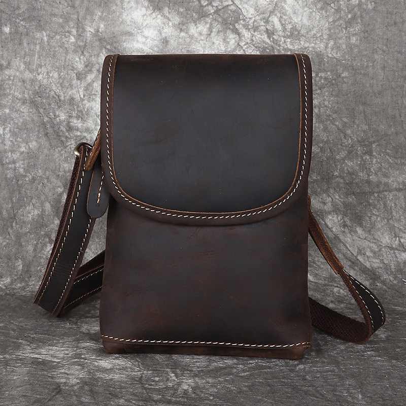 Crazy Horse Leather Men's Bag Men's Shoulder Crossbody Bag Genuine Leather Mobile Phone Waist Bag Wear Pants Belt Top Layer Cowhide Small Satchel