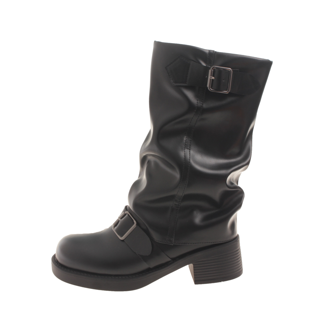 Stivali con fibbia a cintura e plissettati in pile per donna 2023 nuovi stivali retrò con tacco spesso e plateau a metà polpaccio stivali da sigaretta alla moda di strada_voghion.com