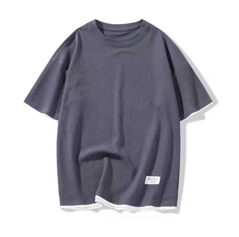 Shirt less clothing waffle sports leisure suit men's spot wholesale Hong Kong wind loose fake two short sleeve shorts