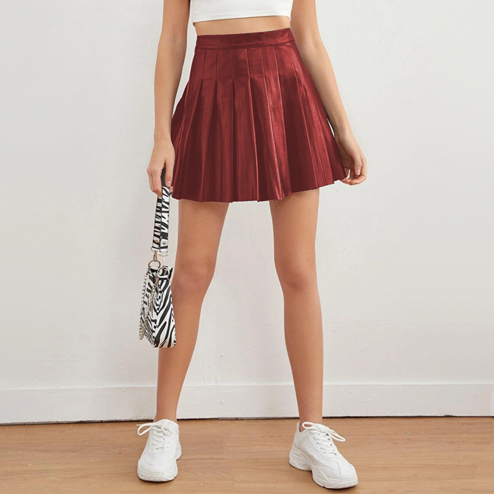 ebay Amazon Explosions PU Pleated Skirt Summer Sexy Skirt Elegant High Waist Leather Skirt European and American Style Cross Border