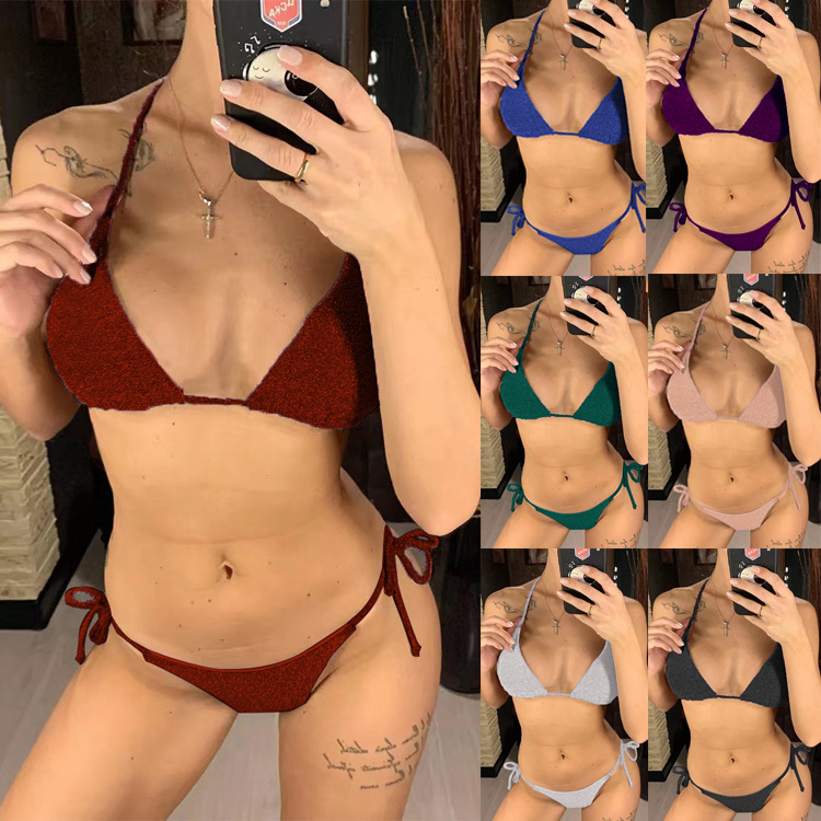 2022 European and American Wrinkled Cloth Special Fabric Wave Strip Sexy Bikini Women Fluorescent Strap Split Swimsuit Women