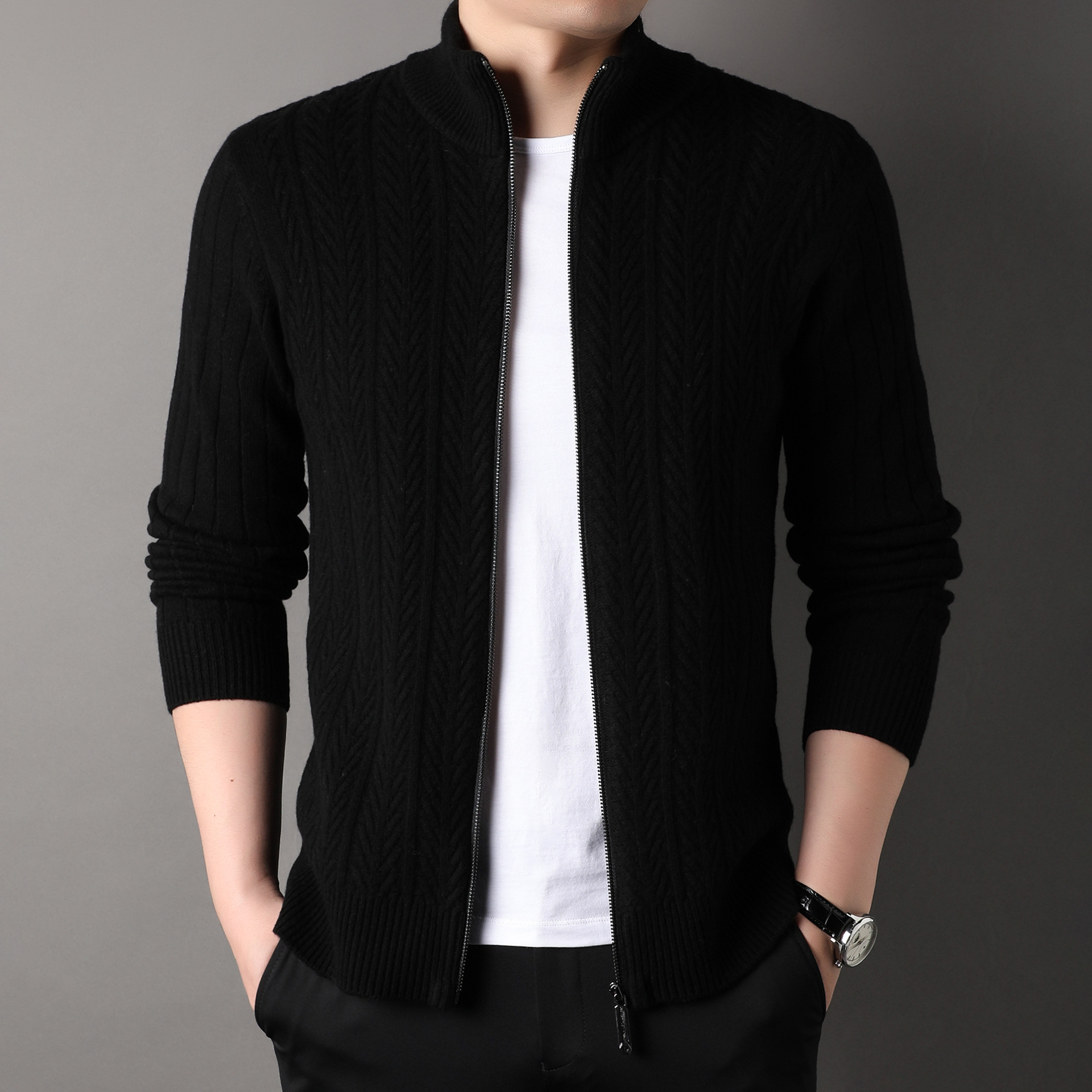 2023 autumn and winter New pure woolen sweater zipper cardigan coat thickened warm solid color knitted sweater men's coat