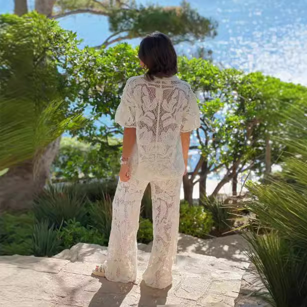 Europe and the United States cross-border 2024 summer new Japanese and Korean leisure lapel hollow top trousers suit