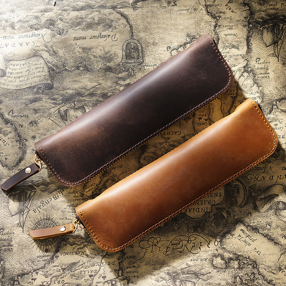 Amazon Simple Cowhide Pencil Case Men's Pen Protective Case Mini Small Portable Stationery Bag Female Student Storage Bag