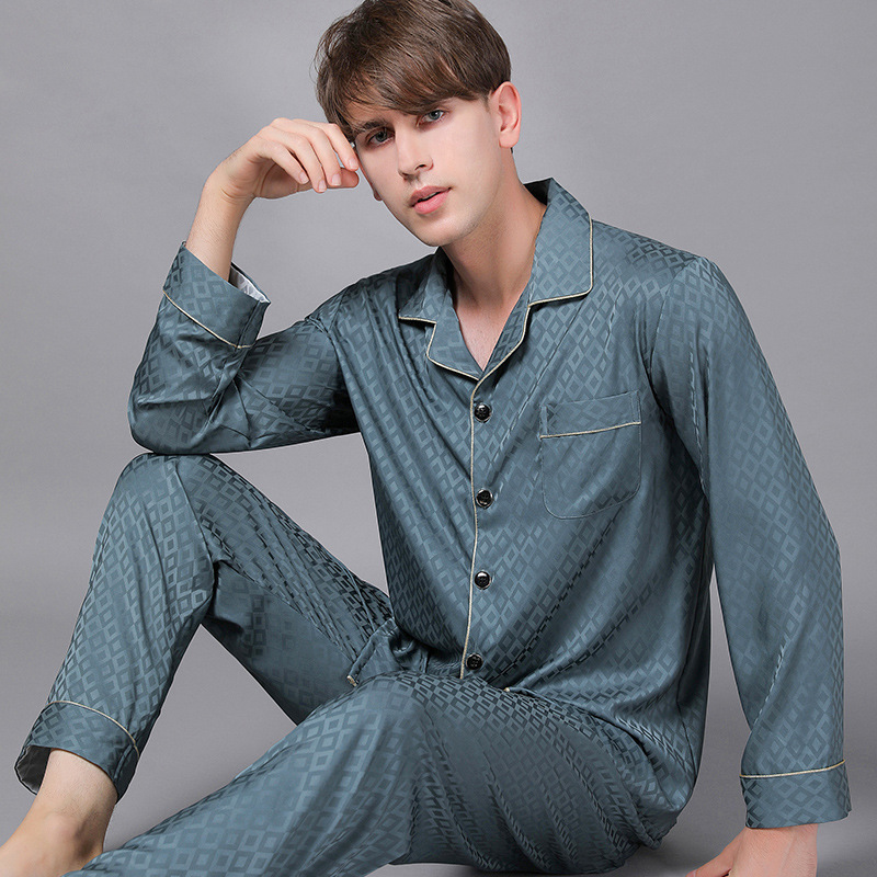 2024 long-sleeved men's spring and autumn pajamas silk thin men's ice silk home wear suit artificial silk wholesale