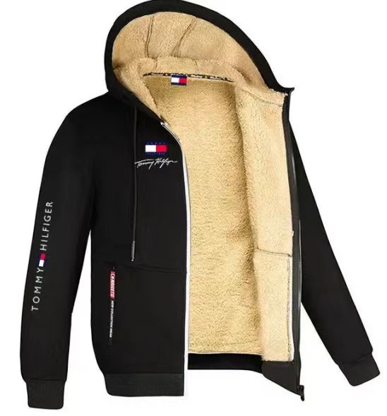 Winter Sweater Men's Hooded Fashionable Handsome All-match Loose Jacket Autumn and Winter Velvet Thickened Clothes with Printed LOGO