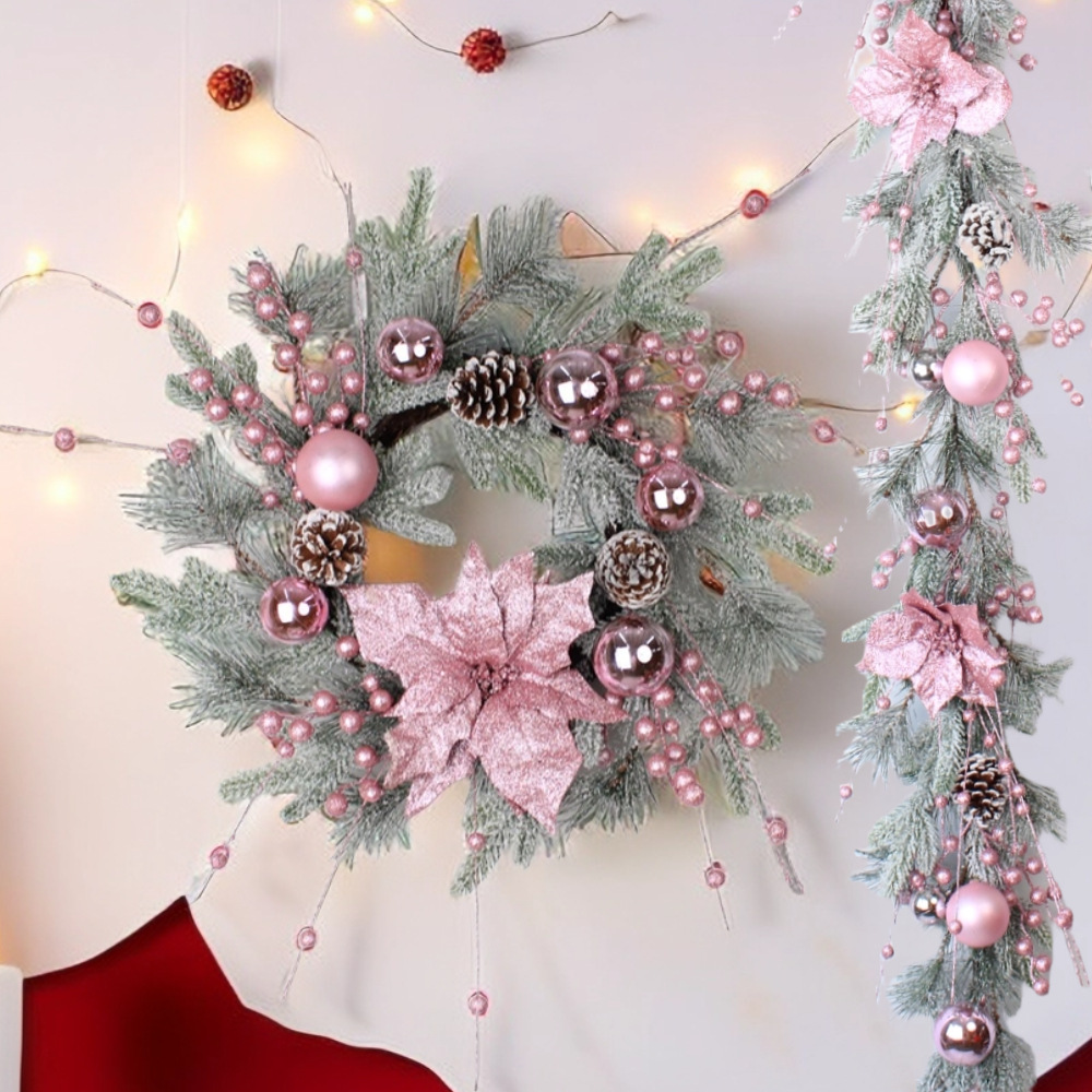 Christmas hot Barbie pink Christmas flower plating ball snow Frost flocking PE pine needle rattan ring Garland Rattan