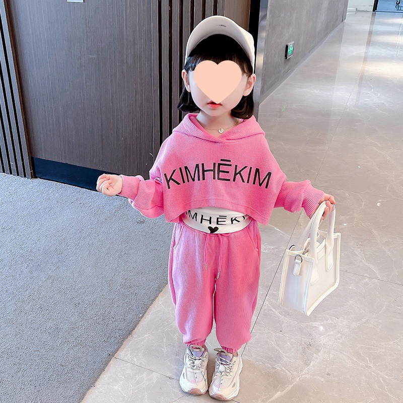 中小兒童華夫格套裝韓版時髦春秋裝洋氣小女孩寶寶運動網紅三件套
