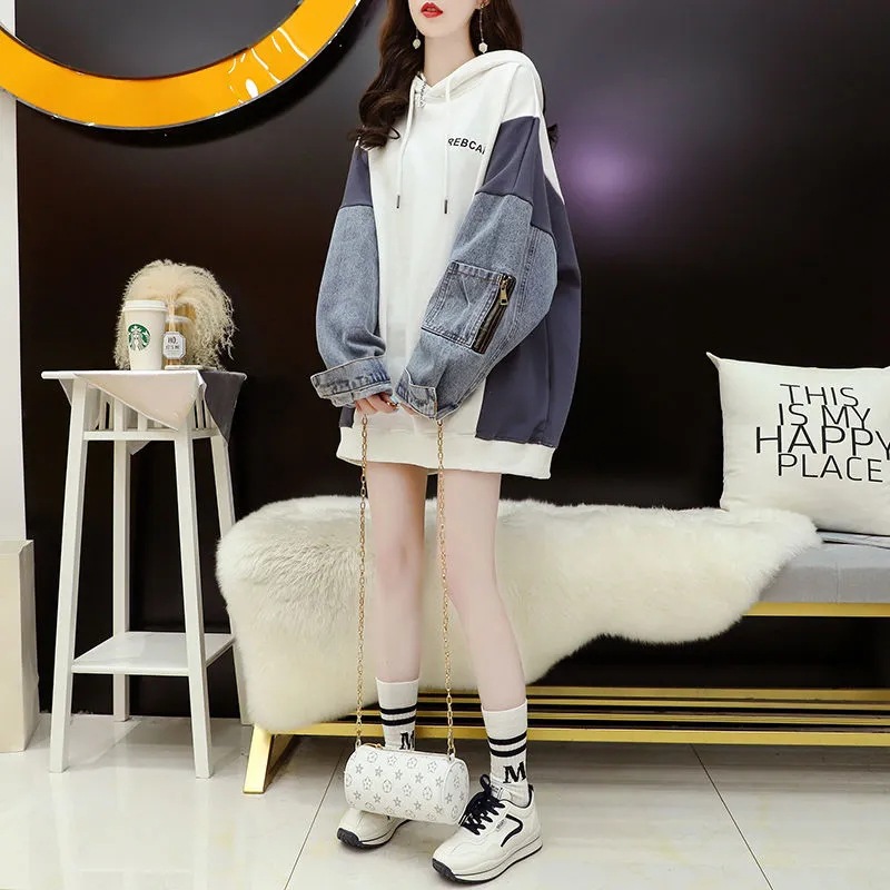 Denim Stitching Hooded Sweater Fake Two-piece Mid-length Loose 2023 New Korean Style Large Size Pullover Hoodie