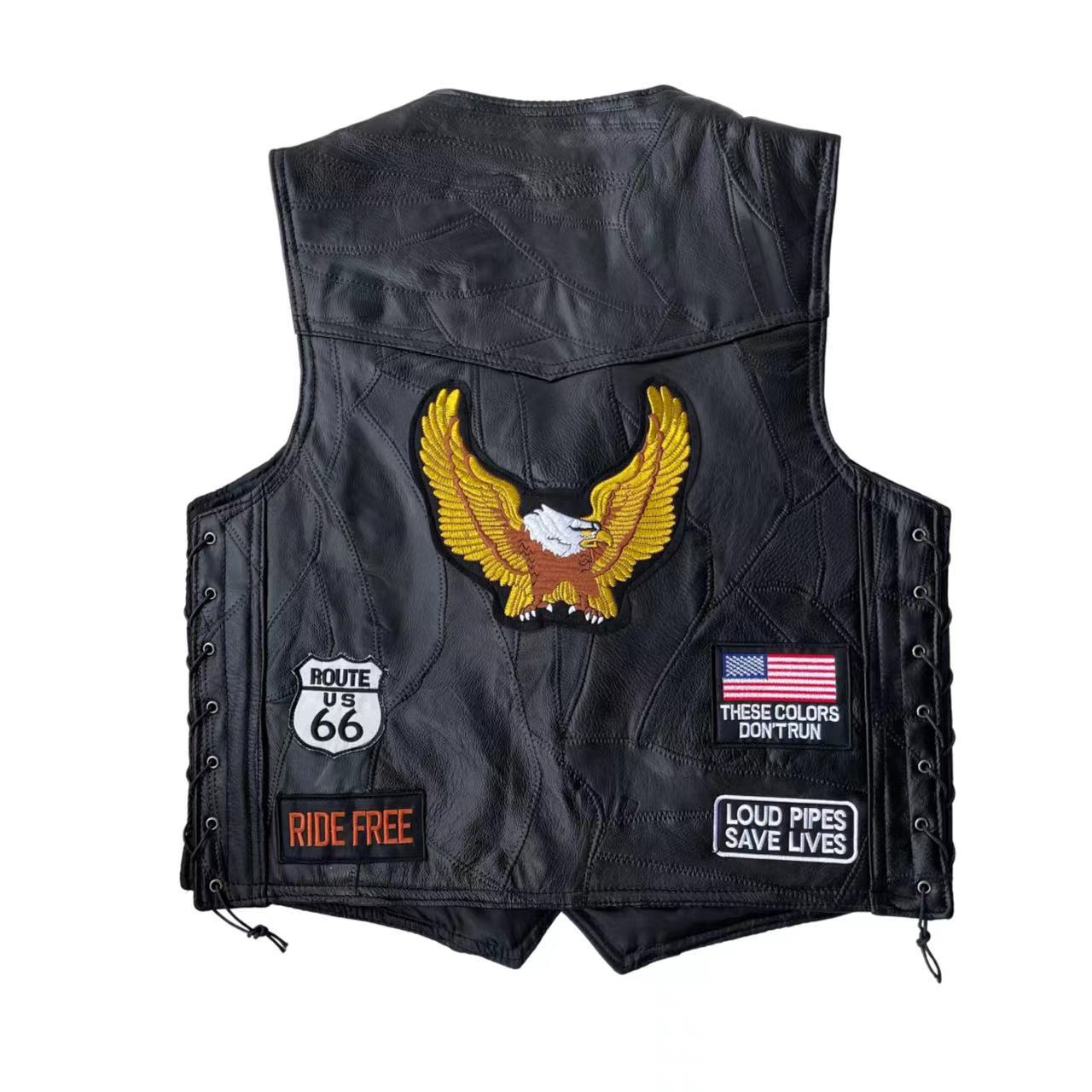 Harley Motorcycle Vest Riding Waistcoat Men's Leather Vest Golden Eagle 9 Embroidered Badge Pad