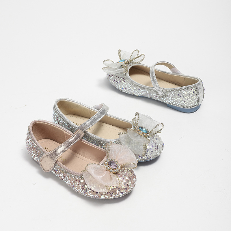 Aisha Crystal Princess Shoes 2023 Spring and Autumn New Bow Children's Baby Leather Shoes Comfortable Soft Bottom Rhinestone Shoes