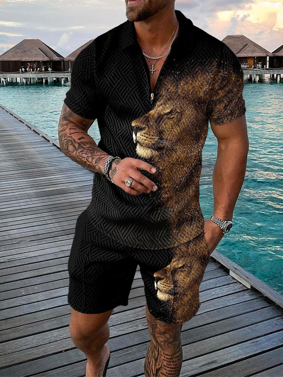 2022 cross-border European and American men's new independent station supply casual contrast color POLO zipper turtleneck short sleeve suit
