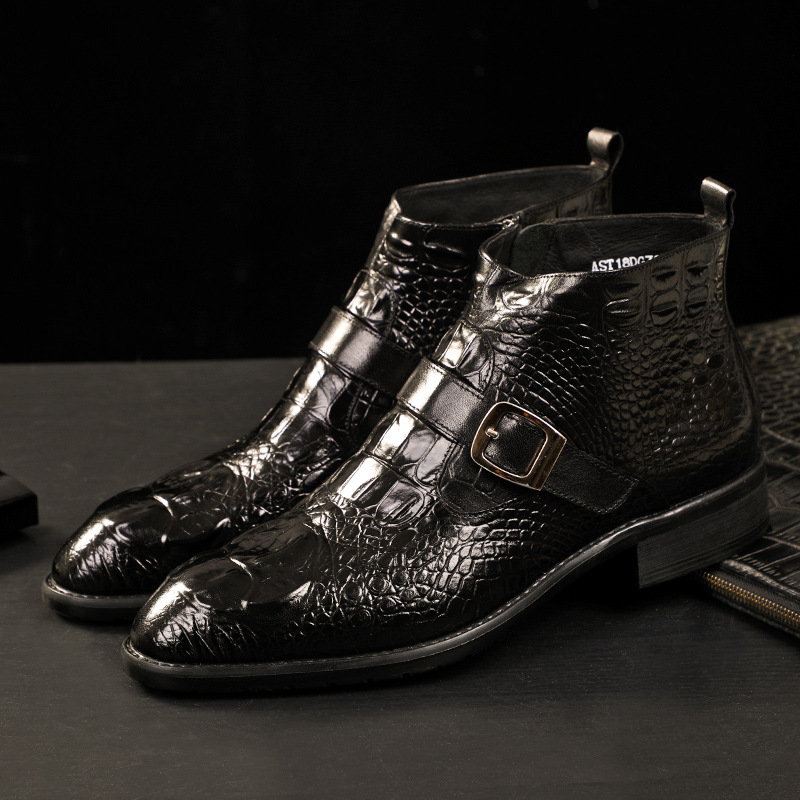 2023 boots men's high-top leather shoes crocodile leather boots zipper martin boots cowhide leather pointed toe European and American men's boots