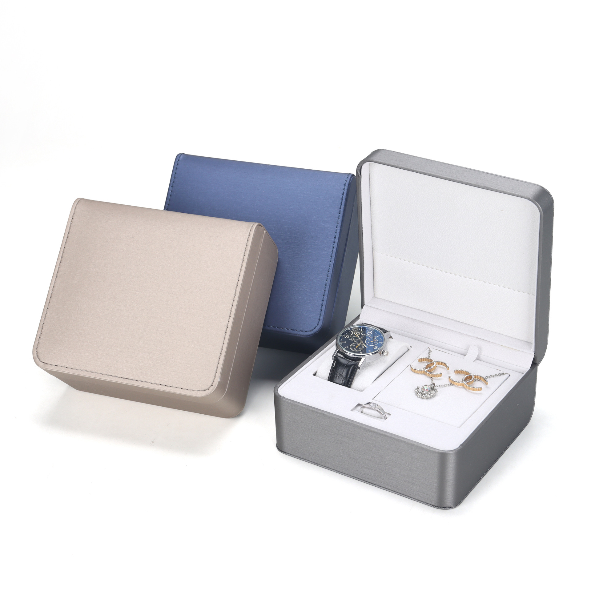 Brushed PU leather jewelry three-piece set jewelry box jewelry box storage box watch packaging box necklace pendant box