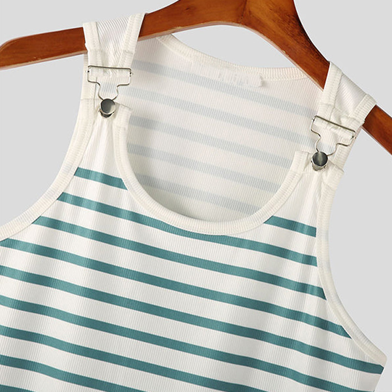 Cross-border in stock new striped men's vest European and American elastic slim T-shirt fashion metal button camisole