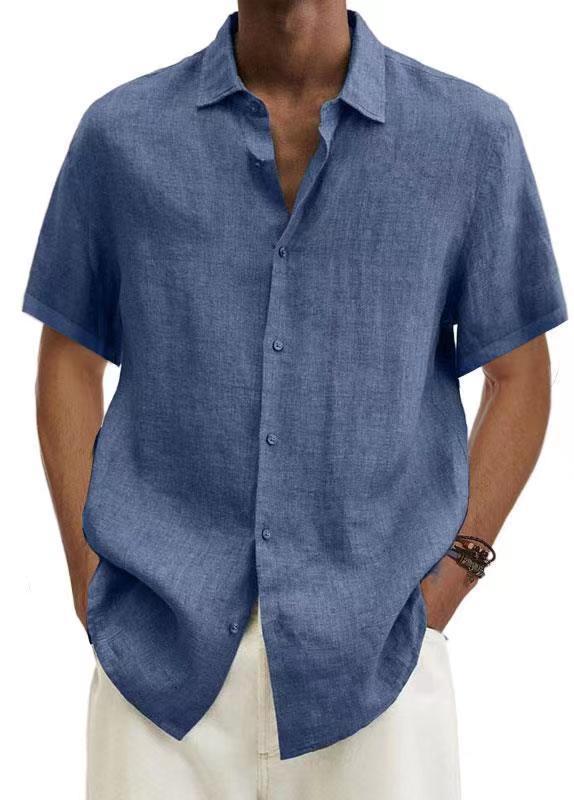 2022 Independent Station wish Amazon Explosions Summer V-Neck Button Cotton Linen Solid Color Men's Trendy Shirt Men's Shirt