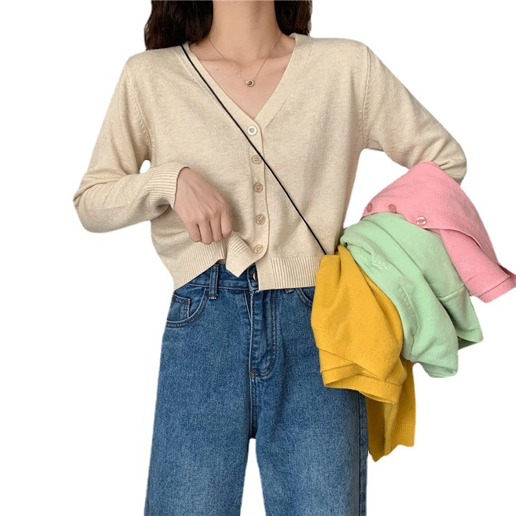 Knitted Sweater Women's Korean Style Solid Color Coat Short Cardigan V-Neck Long Sleeve Sweater Small Simple for Students