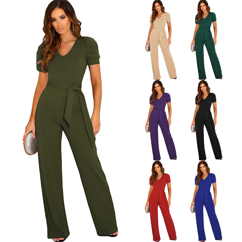 2023 Summer New Style Elegant Strap Tight Waist Jumpsuit Amazon Women's Solid Color V-neck Short-sleeved Wide-leg Trousers