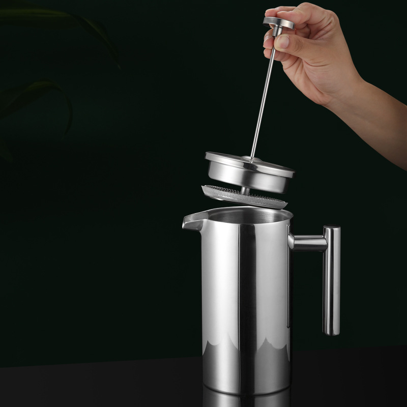 Cross-border special supply of stainless steel double-layer hand-pour pot with mesh outdoor coffee pot filter French pot stainless steel French press pot