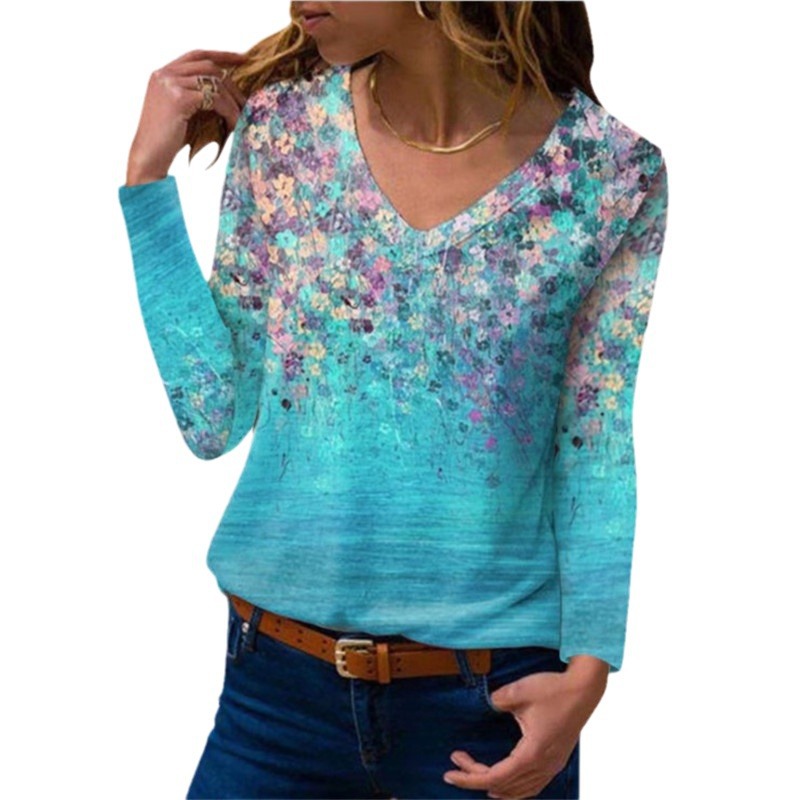 2024 Cross-border Europe and the United States wish Amazon Independent Station Fall/Winter New V-neck Printed Long Sleeve Women's T-shirt Top