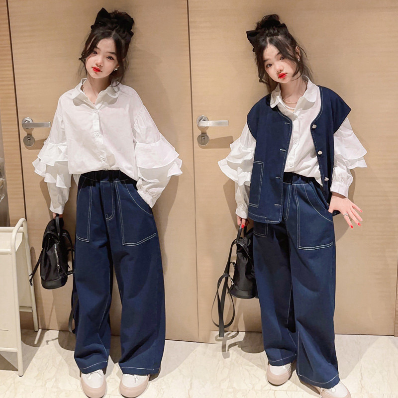 Girls' suit 2024 Spring and Autumn New Children's Internet Popular Foreign Style Fashionable Loose Denim Vest Shirt Three-Piece Set