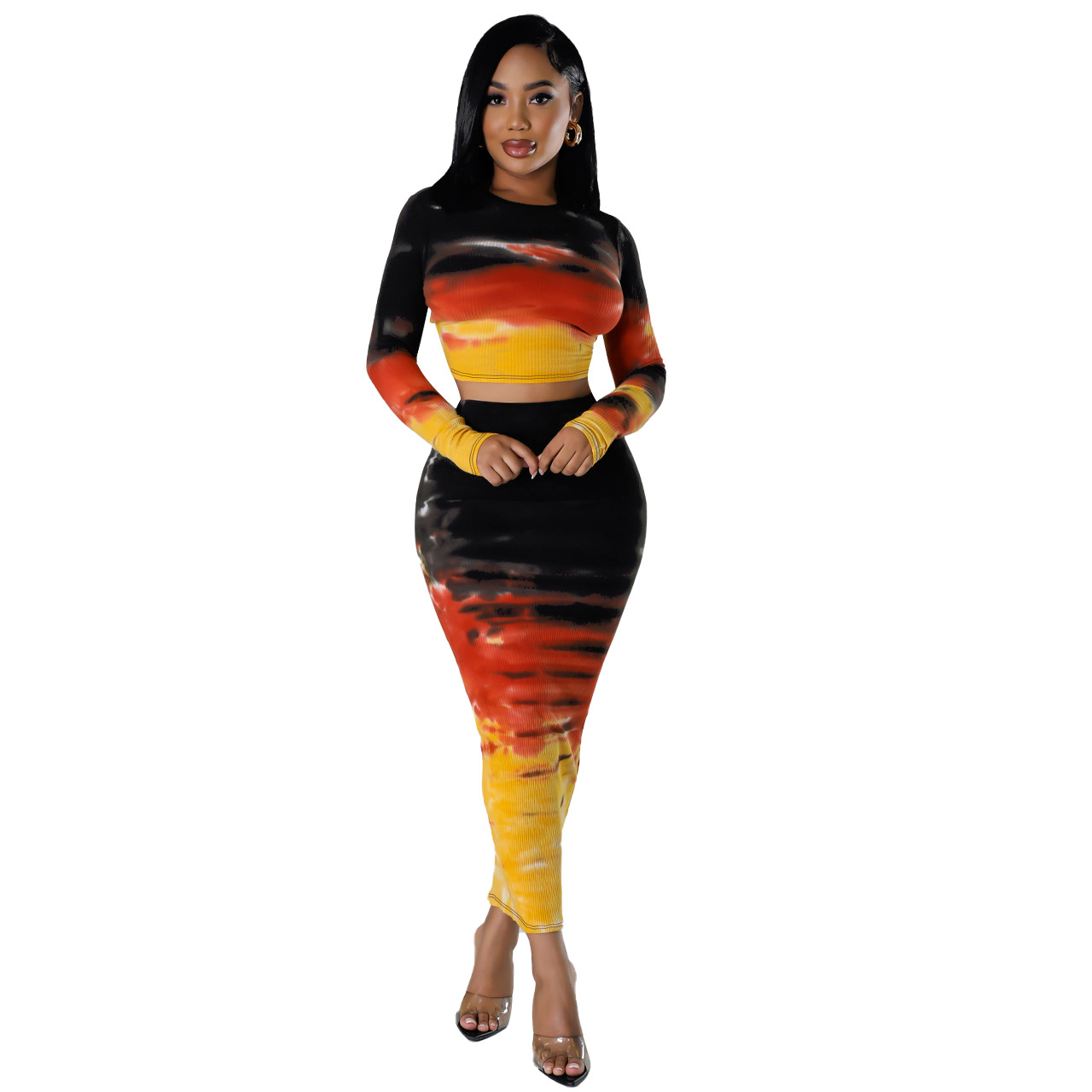 FE289 Special Price No Refund No Change European and American Women's Fashion Sexy Pit Printed Hip Skirt Two-Piece Set