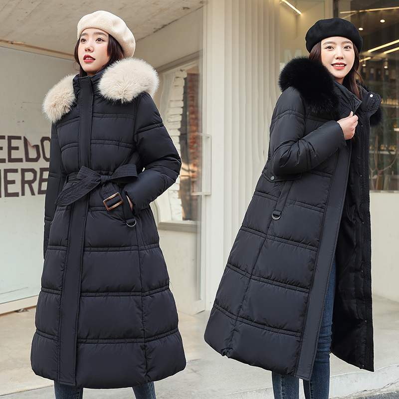  Winter New Down Cotton-padded Jacket Women's Long Over-the-Knee Large Wool Collar Slim-fit Slimming Waist Coat Cotton