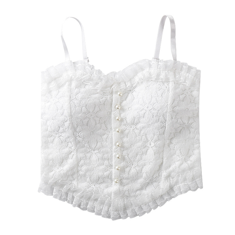 Pearl Buckle Ruffled Lace Beautiful Back Wrap Breast Tube Top Fixed Cup No Steel Ring Inner Wearing Outer Wearing All-match Camisole for Women