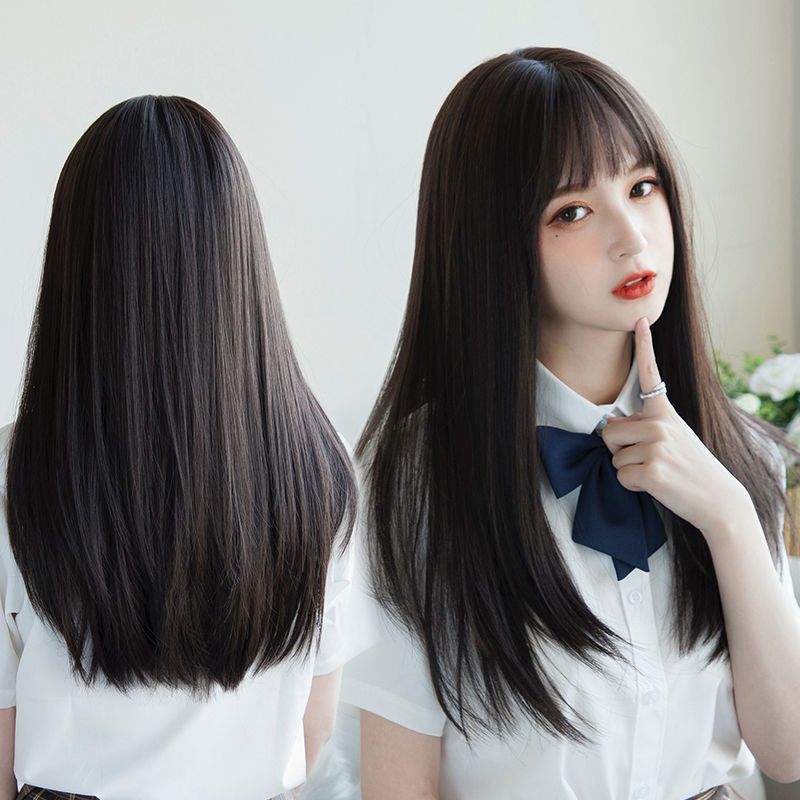 かつらの女性の中で長い髪の日本の丸い顔の空気の前髪の長いまっすぐな髪のかわいいjkの少女の自然なリアルな全体のカバー式|undefined