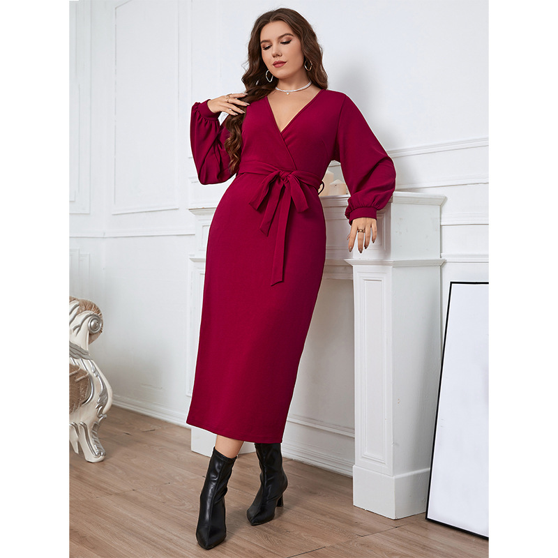 Independently developed European and American foreign trade Amazon AliExpress spring and autumn V-neck red long-sleeved slim dress