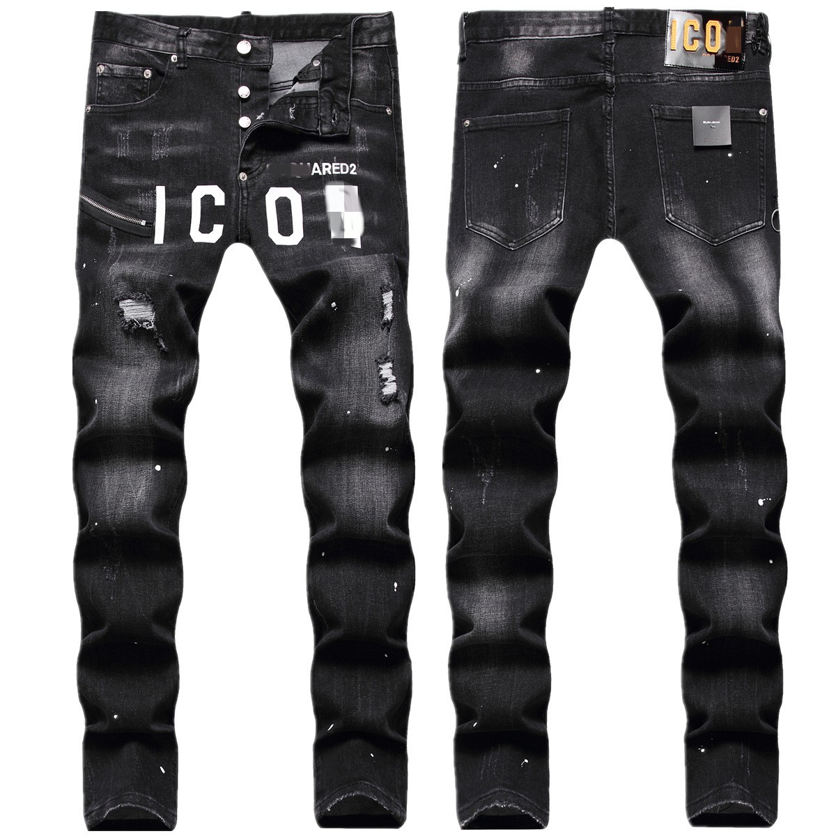European and American fashion brand ripped embroidered loose line inner zipper decoration digital color printing slim stretch jeans for men