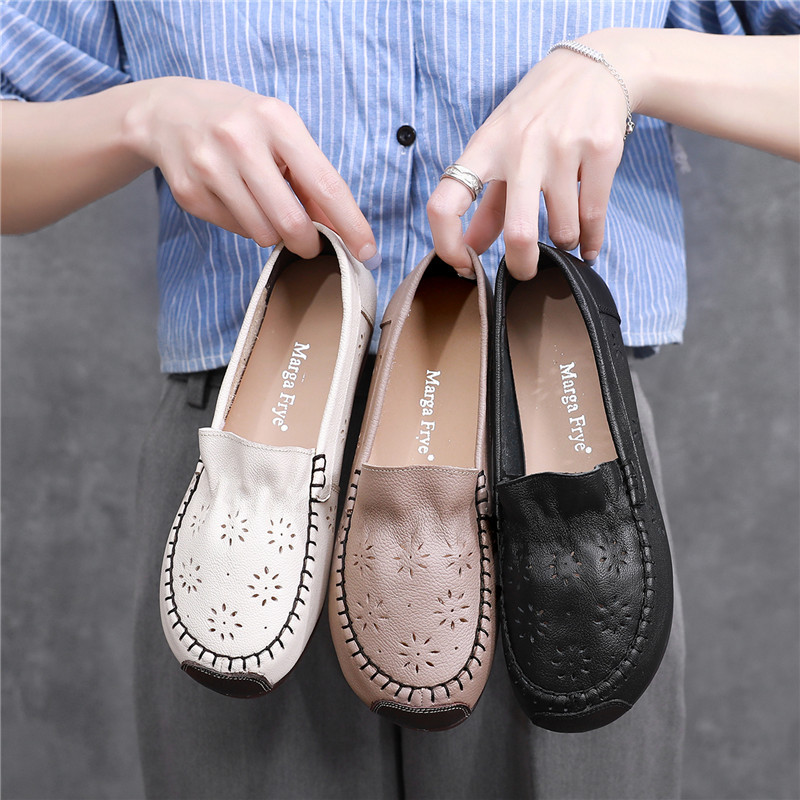 Vintage Handmade Soft Cowhide Comfortable Soft Bottom Mother Shoes Single-Layer Shoes Hollow Women's Shoes Large Size Wide Running Women's Shoes 6128