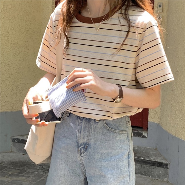 Striped Short-sleeved T-shirt Women's ins Trendy 2023 Summer New T-shirt Korean-style Loose Contrast Color Fresh Cotton Top